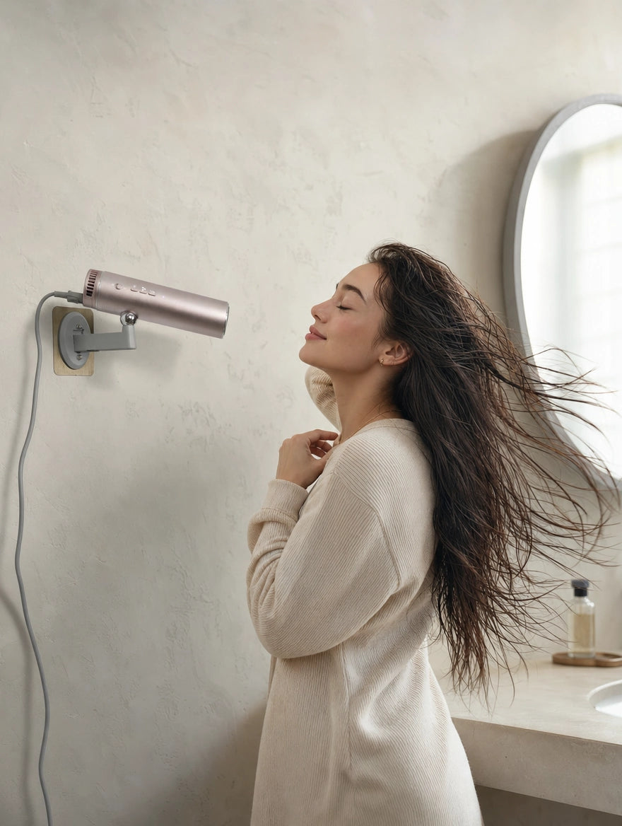 LeLunar HandsFreeDryer in Sunset Rose on its wall mount by the mirror
