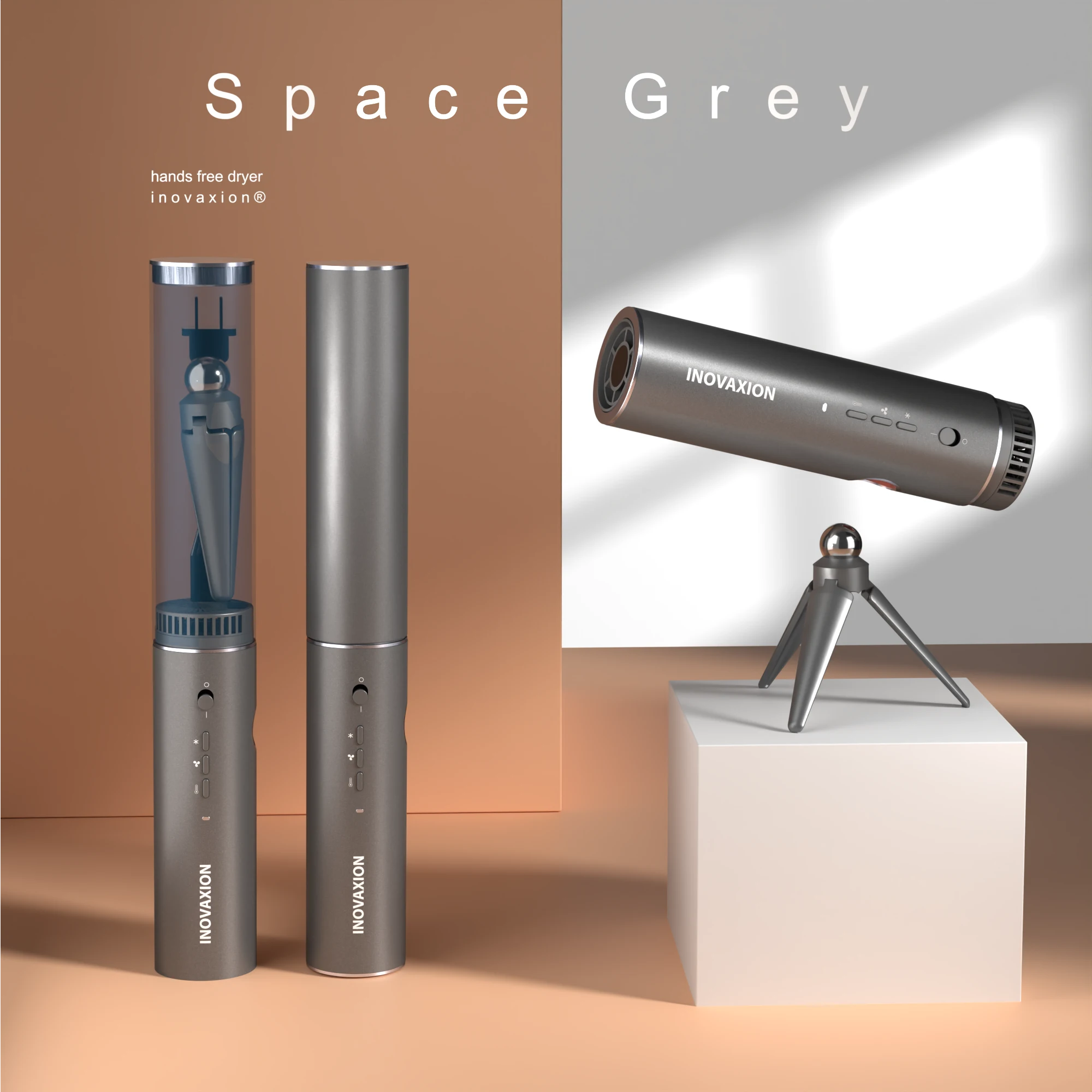 Inovaxion® Space Grey - Metallic finish hands-free hair dryer with magnetic tripod.